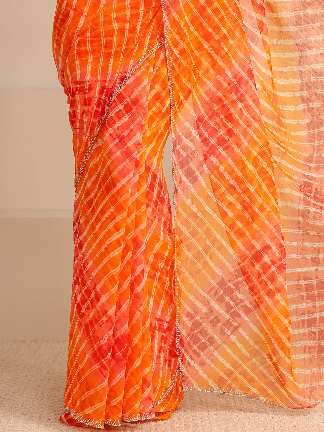  Orange Leheriya Printed Tie & Dye Chiffon Saree With Unstitched Blouse Piece 