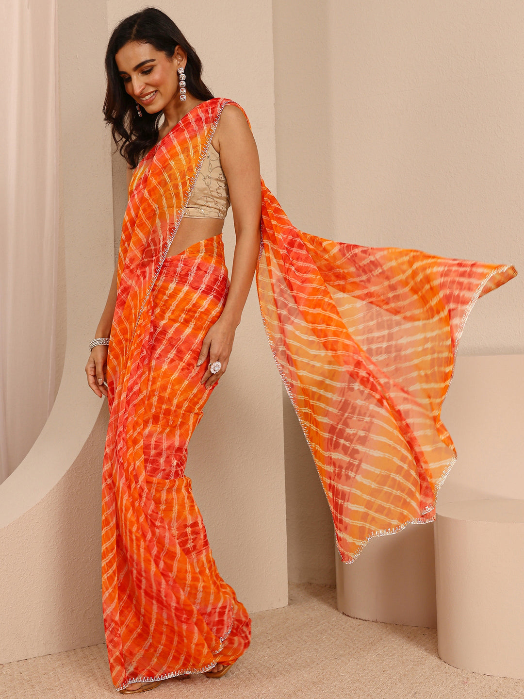  Orange Leheriya Printed Tie & Dye Chiffon Saree With Unstitched Blouse Piece 