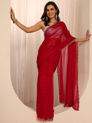 Red Striped Embellished Silk Blend Saree With Unstitched Blouse Piece