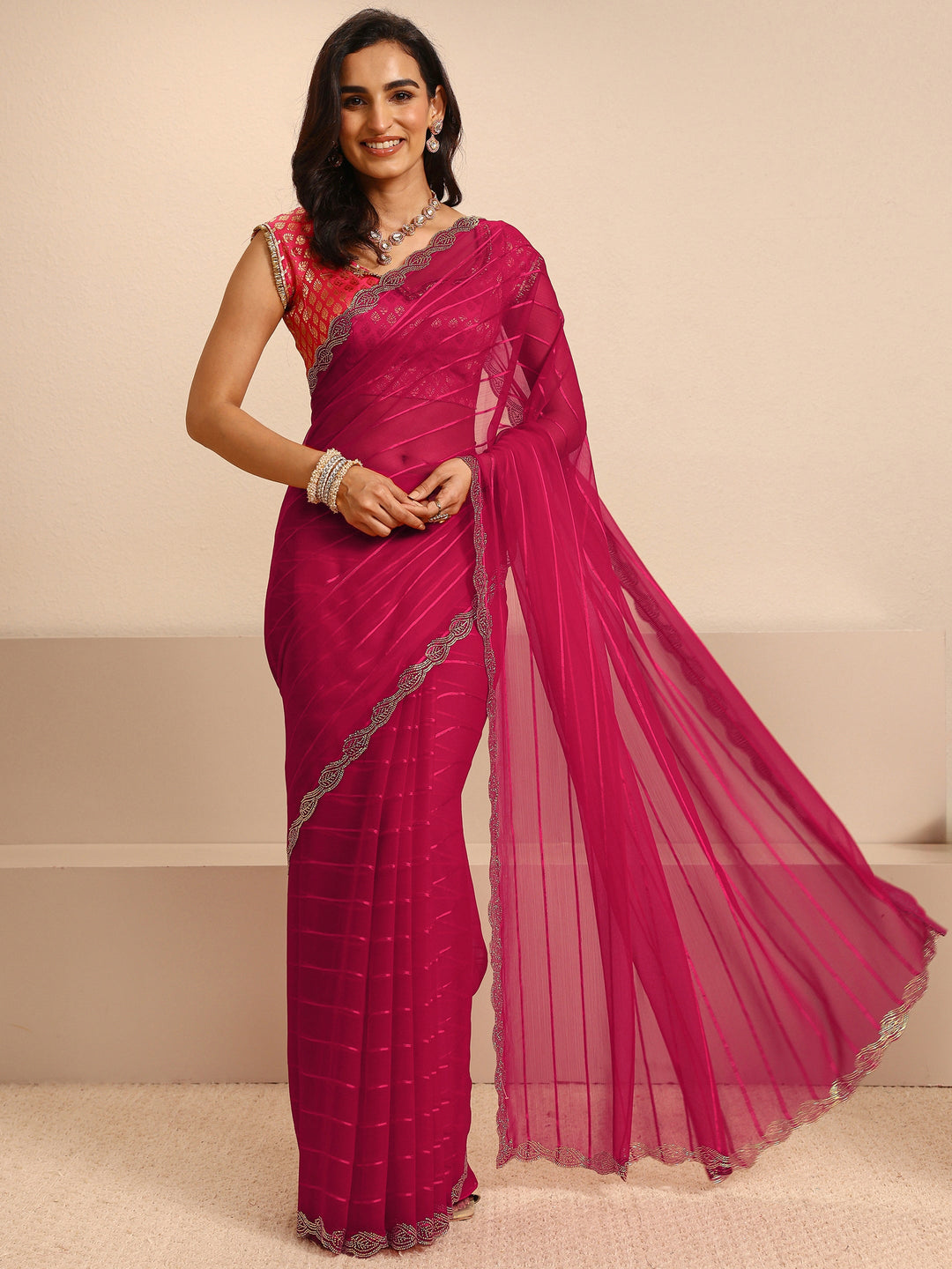  Pink Striped Embellished Silk Blend Saree With Unstitched Blouse Piece 