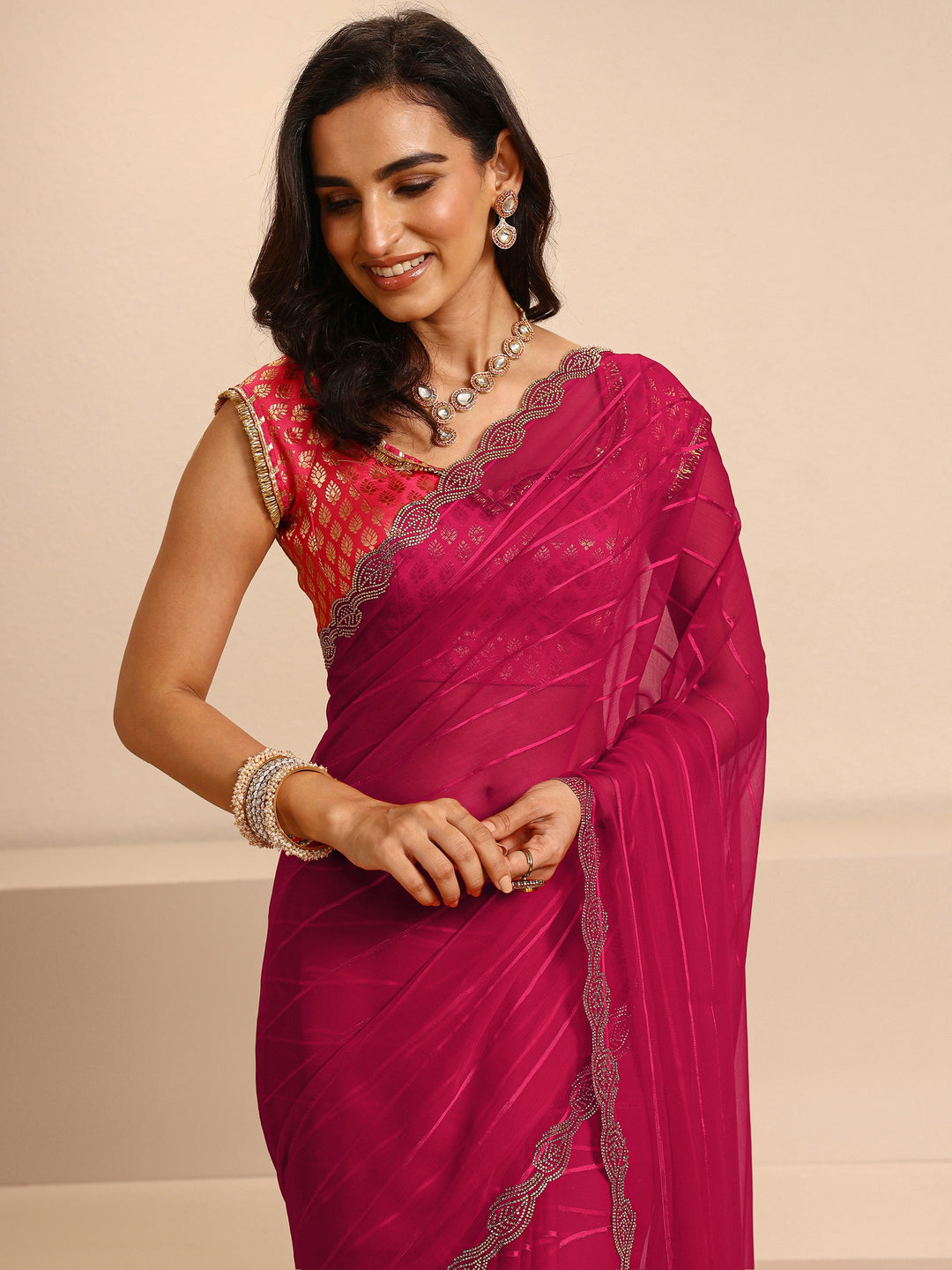  Pink Striped Embellished Silk Blend Saree With Unstitched Blouse Piece 