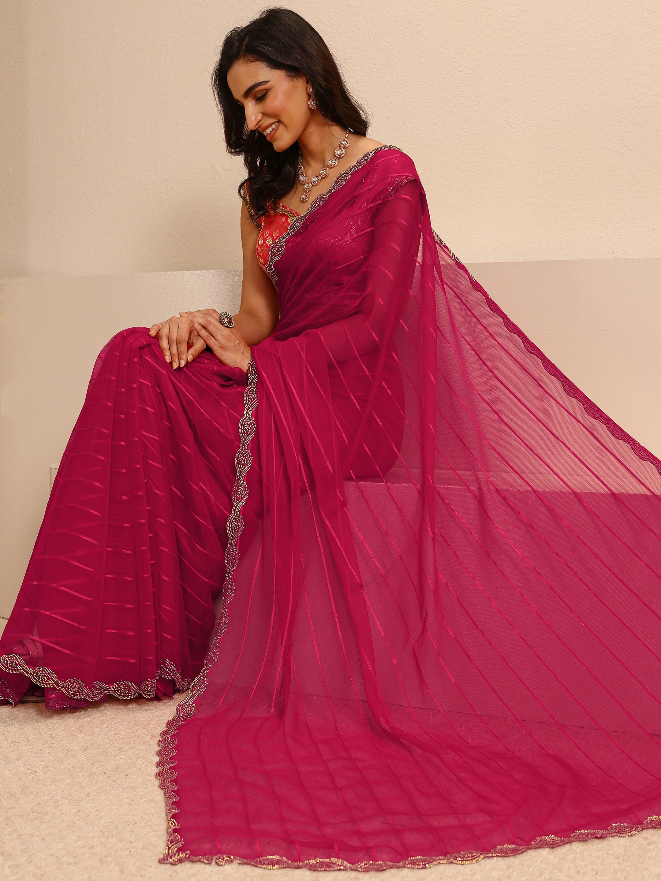 libas Pink Striped Embellished Silk Blend Saree With Unstitched Blouse Piece-picture-21