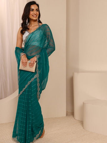 Teal Striped Embellished Silk Blend Saree With Unstitched Blouse Piece