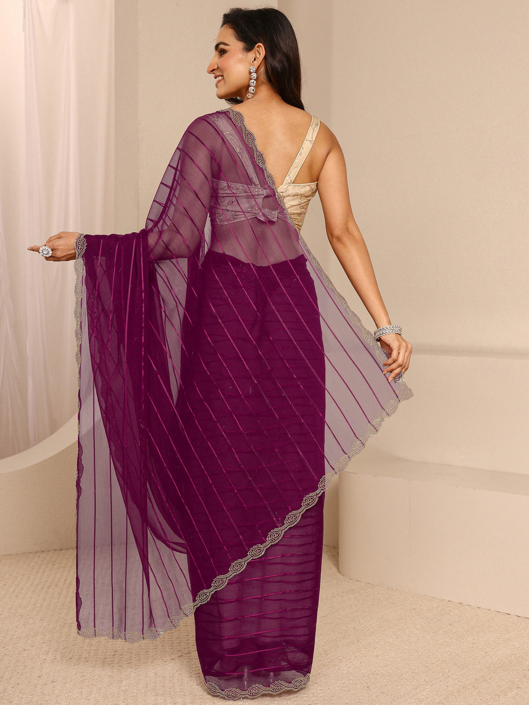  Burgundy Striped Embellished Silk Blend Saree With Unstitched Blouse Piece 