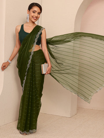 Green Striped Embellished Silk Blend Saree
With Unstitched Blouse Piece