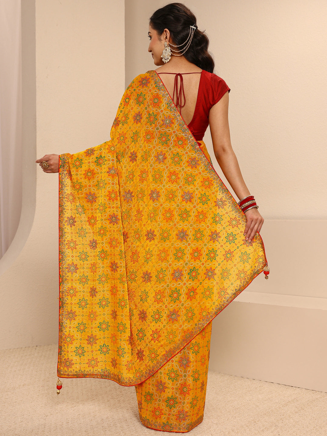  Mustard Bandhani Printed Silk Blend Saree  With Unstitched Blouse Piece 
