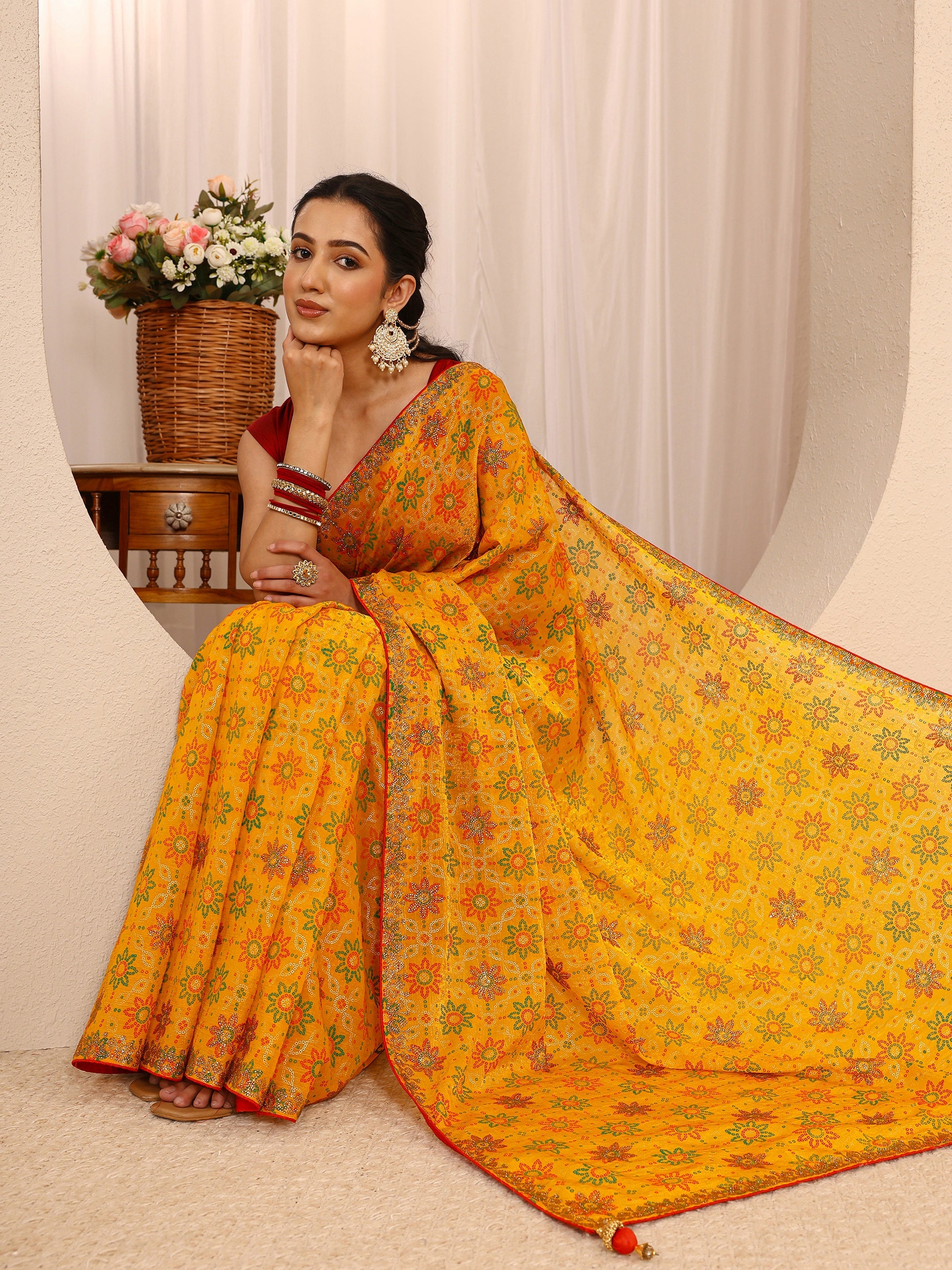 libas Mustard Bandhani Printed Silk Blend Saree With Unstitched Blouse Piece-picture-57