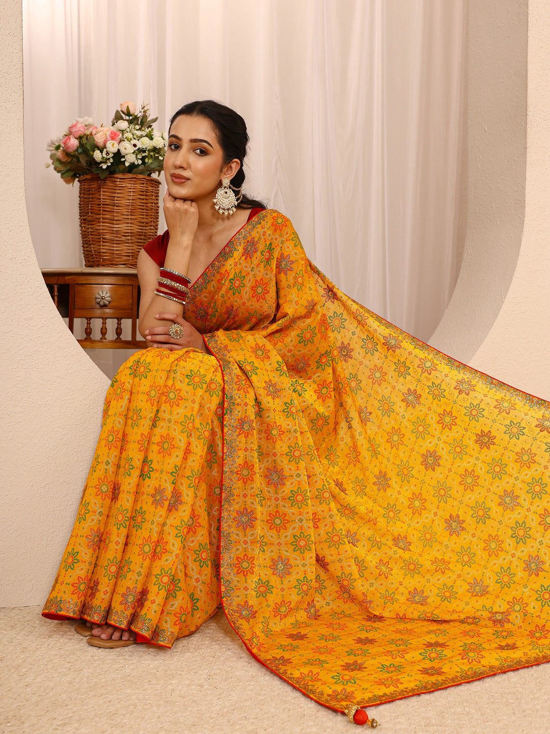Mustard Bandhani Printed Silk Blend Saree  With Unstitched Blouse Piece