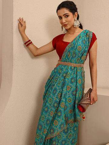 Blue Bandhani Printed Silk Blend Saree With Unstitched Blouse Piece