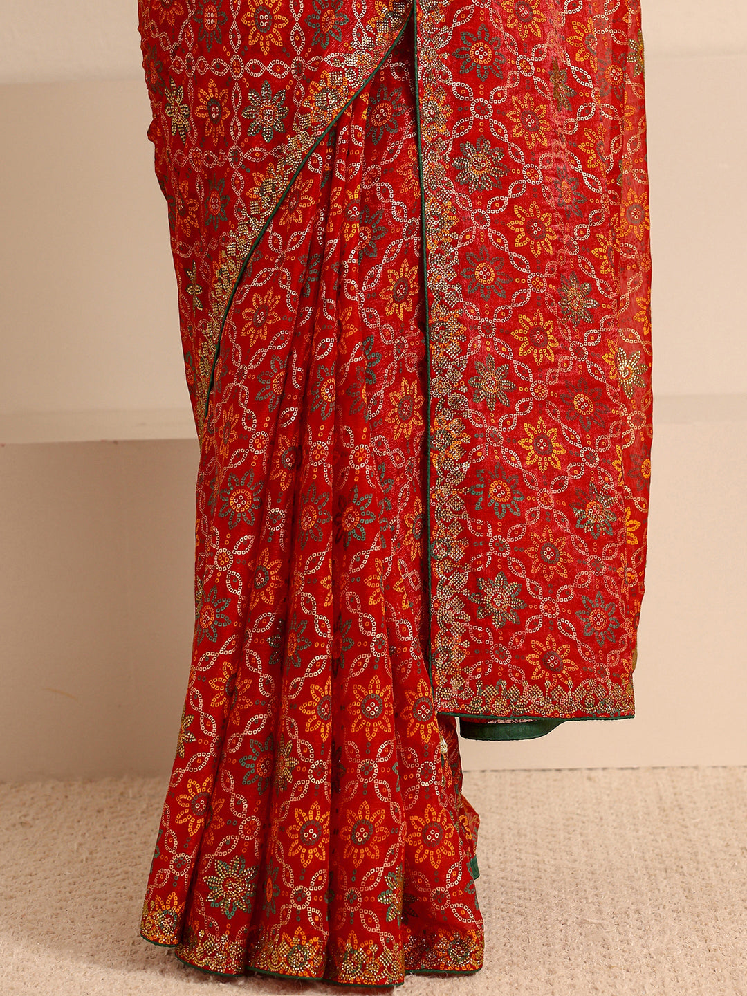  Red Bandhani Printed Silk Blend Saree With Unstitched Blouse Piece 