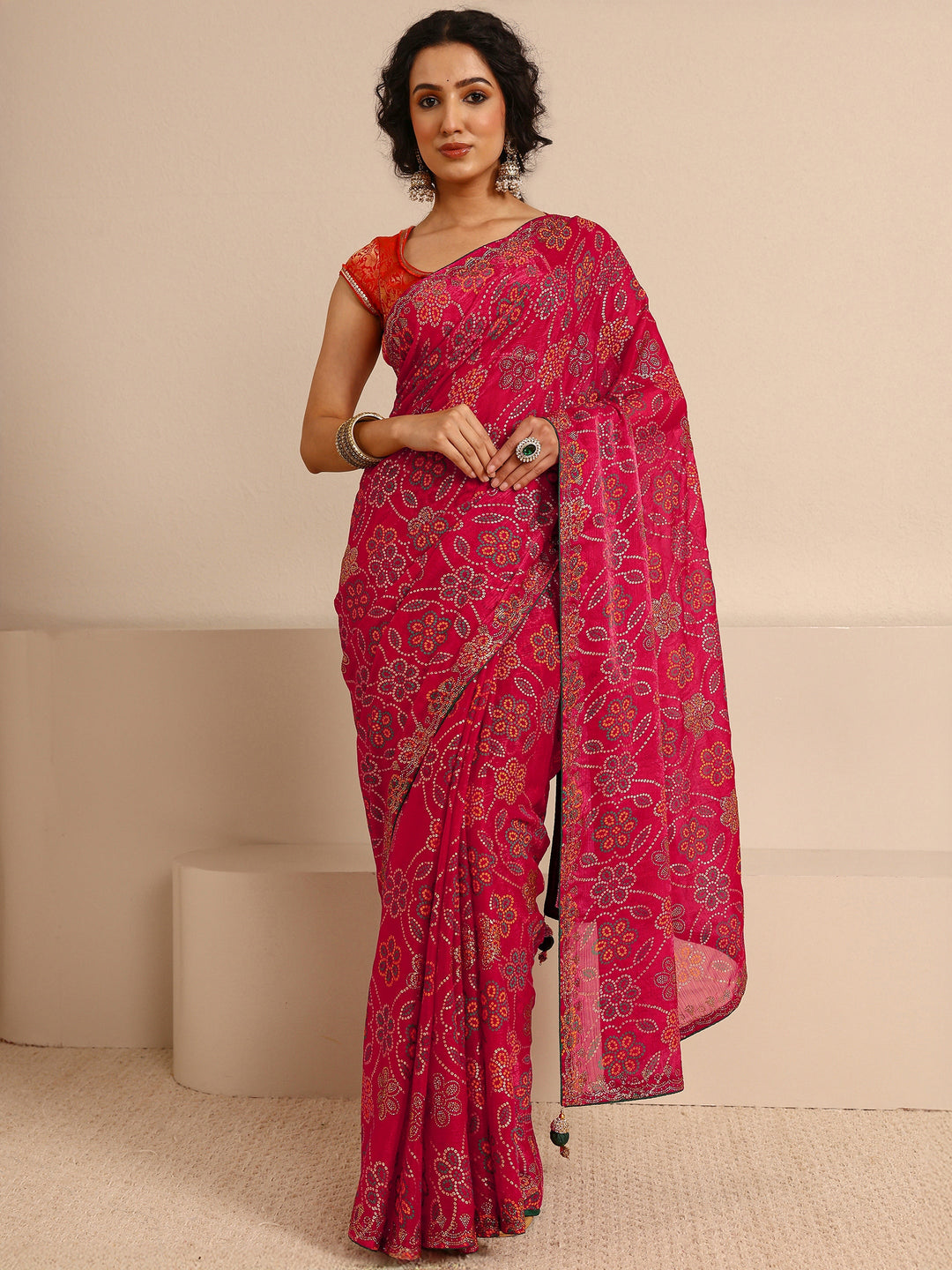  Red Bandhani Printed Silk Blend Saree With Unstitched Blouse Piece 