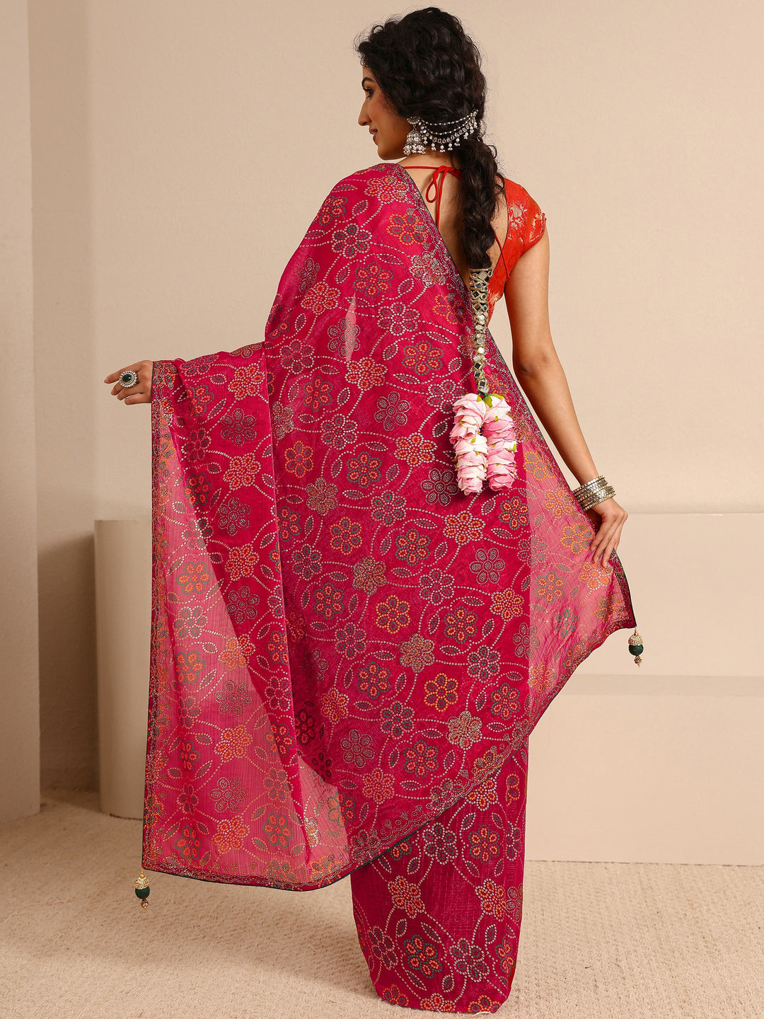  Red Bandhani Printed Silk Blend Saree With Unstitched Blouse Piece 