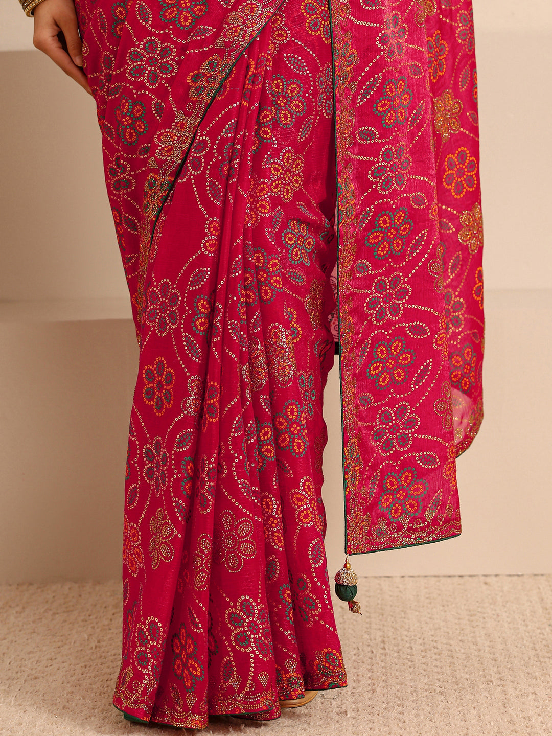  Red Bandhani Printed Silk Blend Saree With Unstitched Blouse Piece 