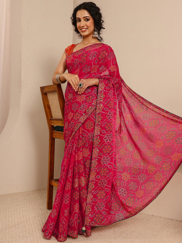 Red Bandhani Printed Silk Blend Saree With Unstitched Blouse Piece