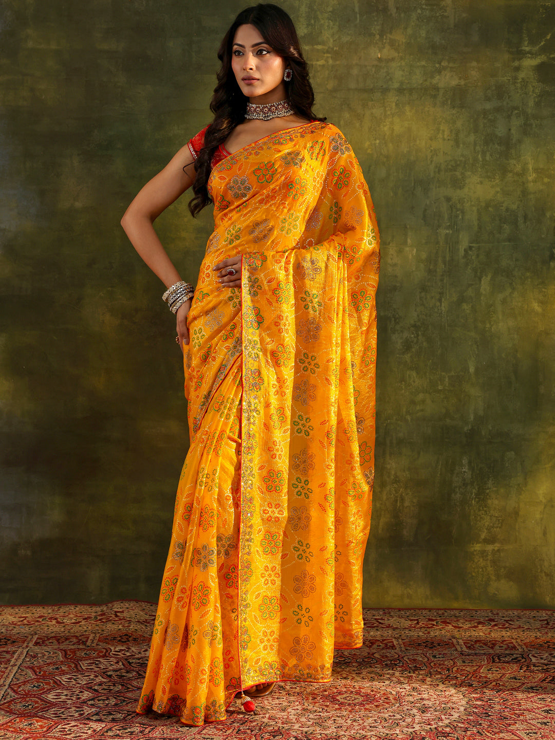  Mustard Bandhani Printed Silk Blend Saree With Unstitched Blouse Piece 