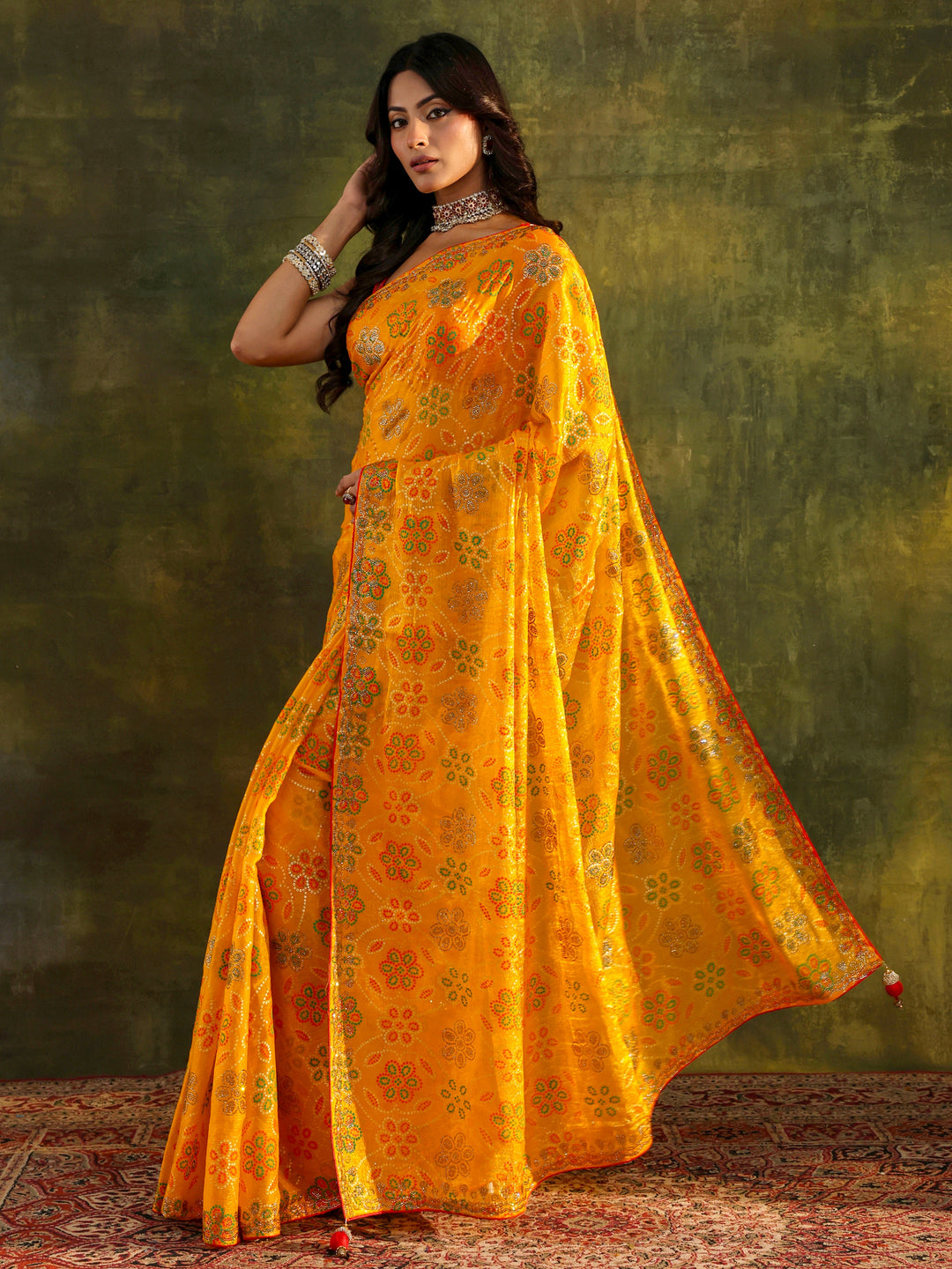  Mustard Bandhani Printed Silk Blend Saree With Unstitched Blouse Piece 