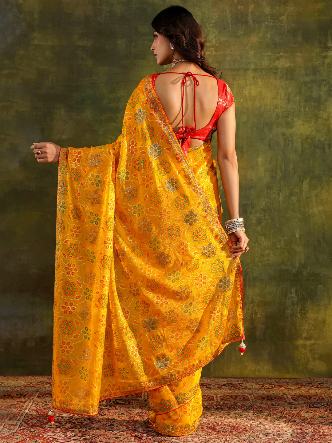  Mustard Bandhani Printed Silk Blend Saree With Unstitched Blouse Piece 