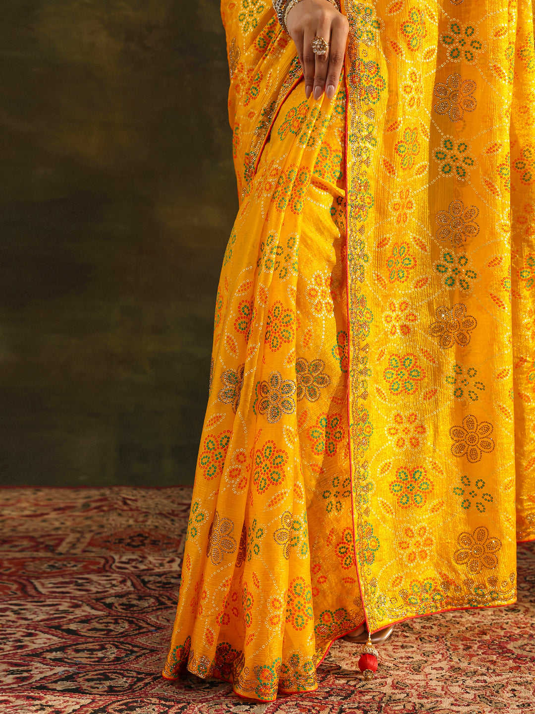  Mustard Bandhani Printed Silk Blend Saree With Unstitched Blouse Piece 