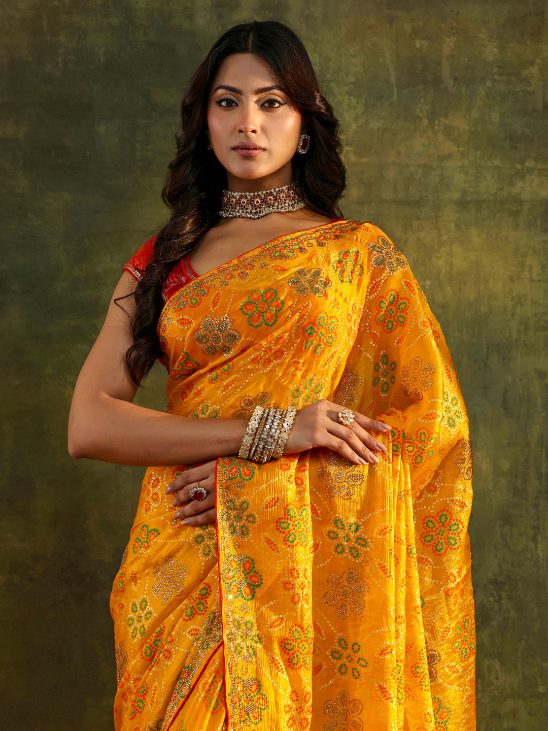  Mustard Bandhani Printed Silk Blend Saree With Unstitched Blouse Piece 
