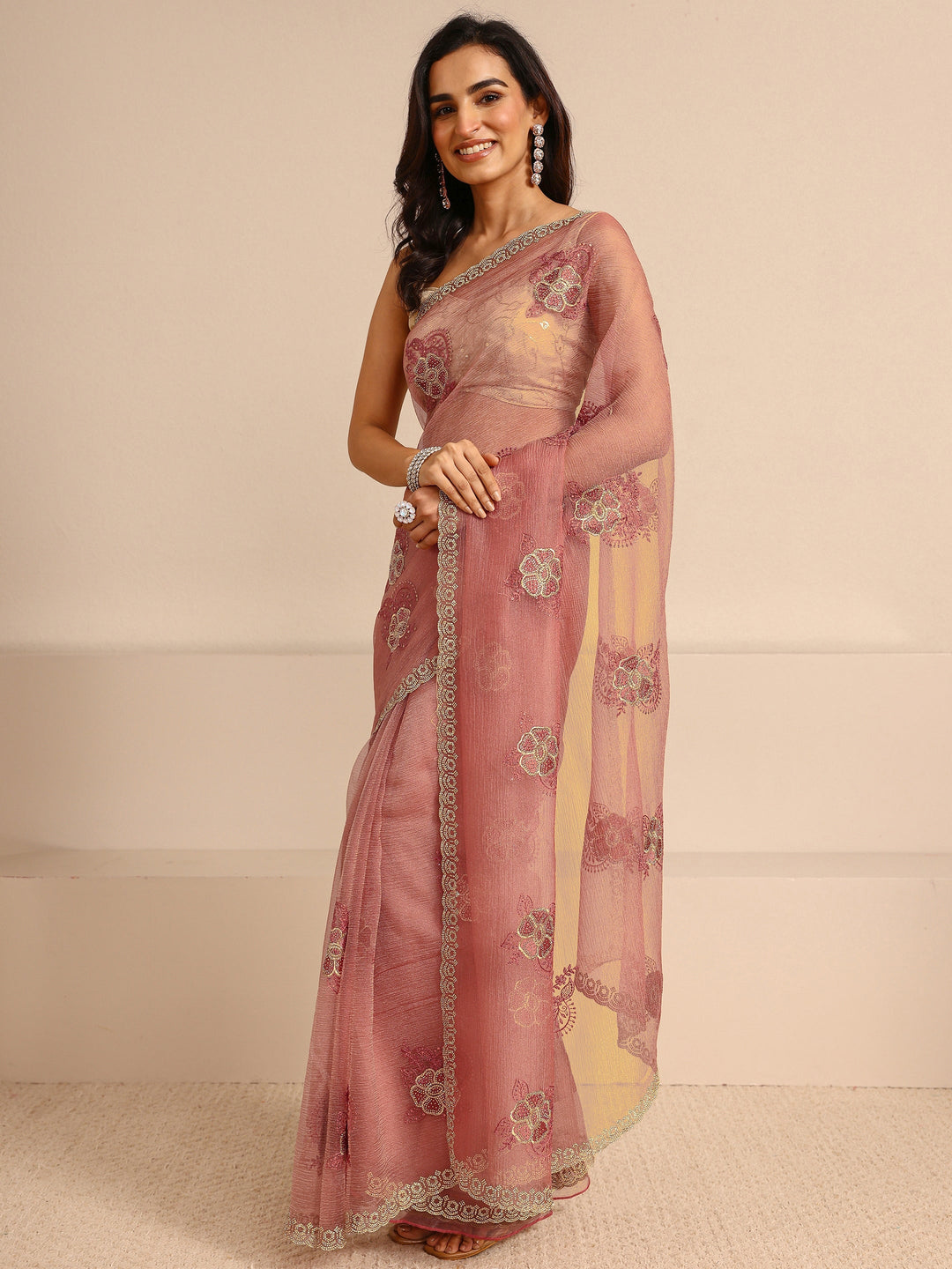  Peach Embellished Tissue Saree With Unstitched Blouse Piece 