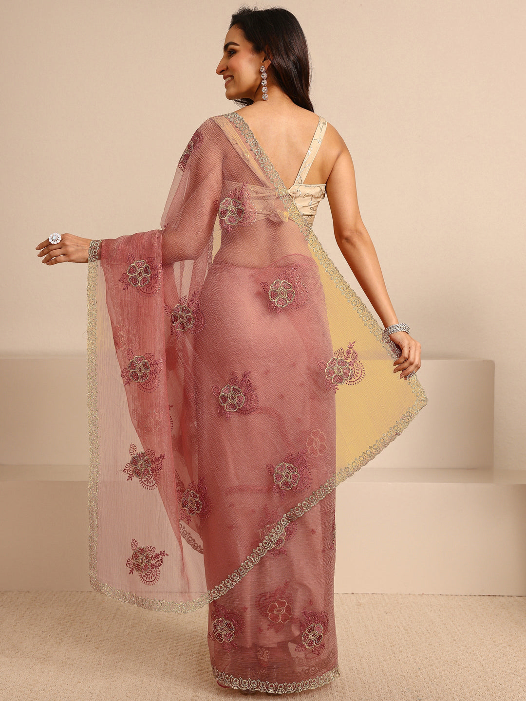  Peach Embellished Tissue Saree With Unstitched Blouse Piece 