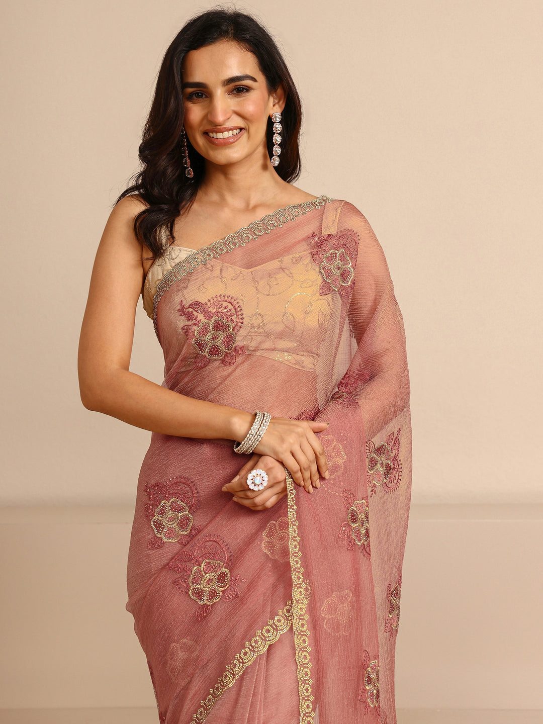  Peach Embellished Tissue Saree With Unstitched Blouse Piece 