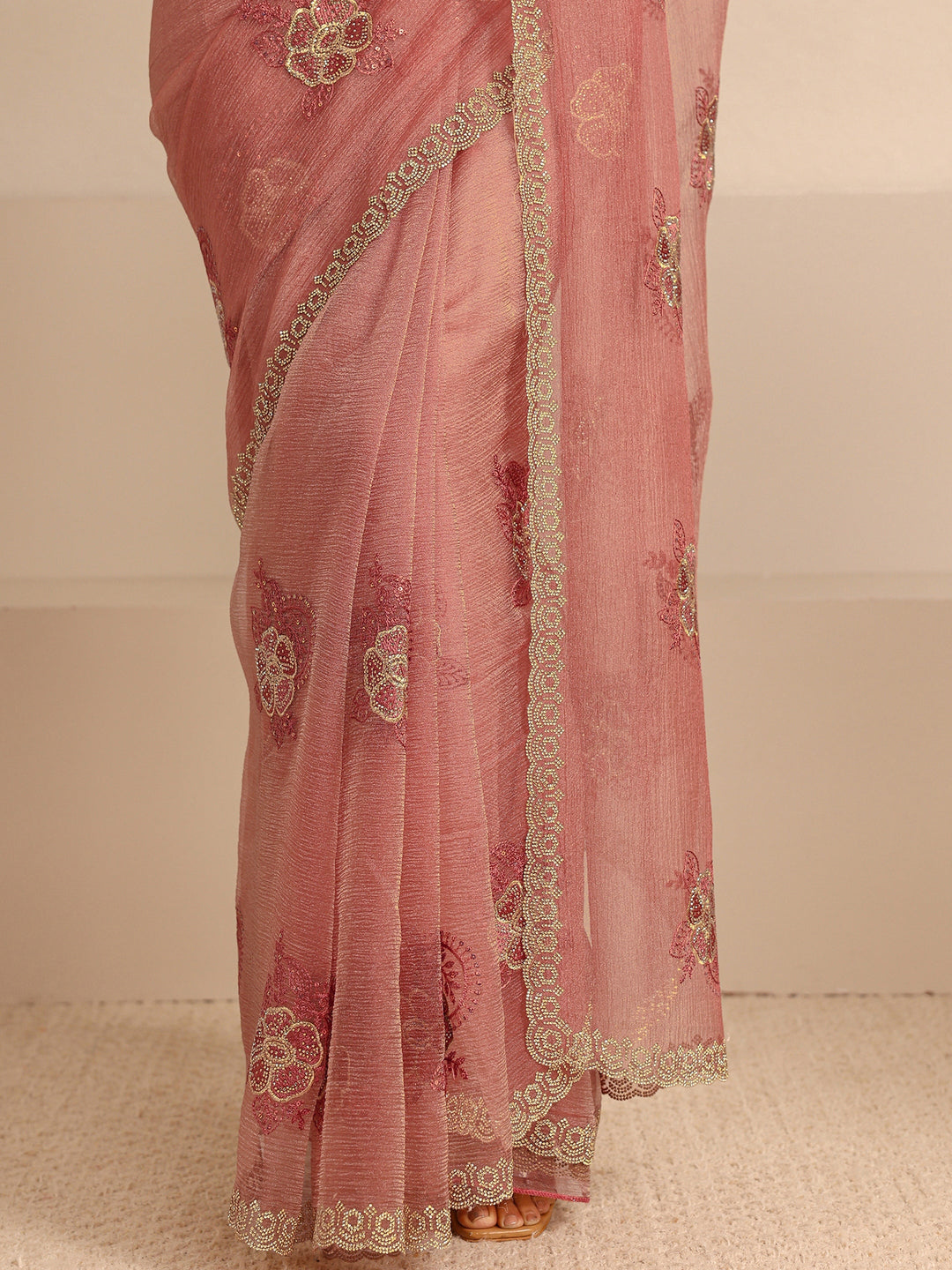  Peach Embellished Tissue Saree With Unstitched Blouse Piece 