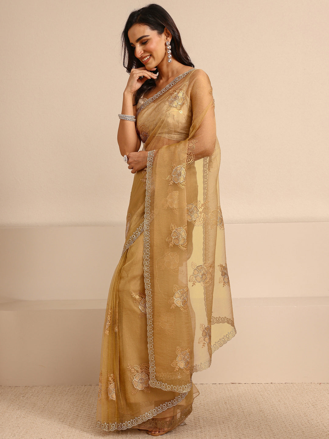  Yellow Embellished Tissue Saree With Unstitched Blouse Piece 