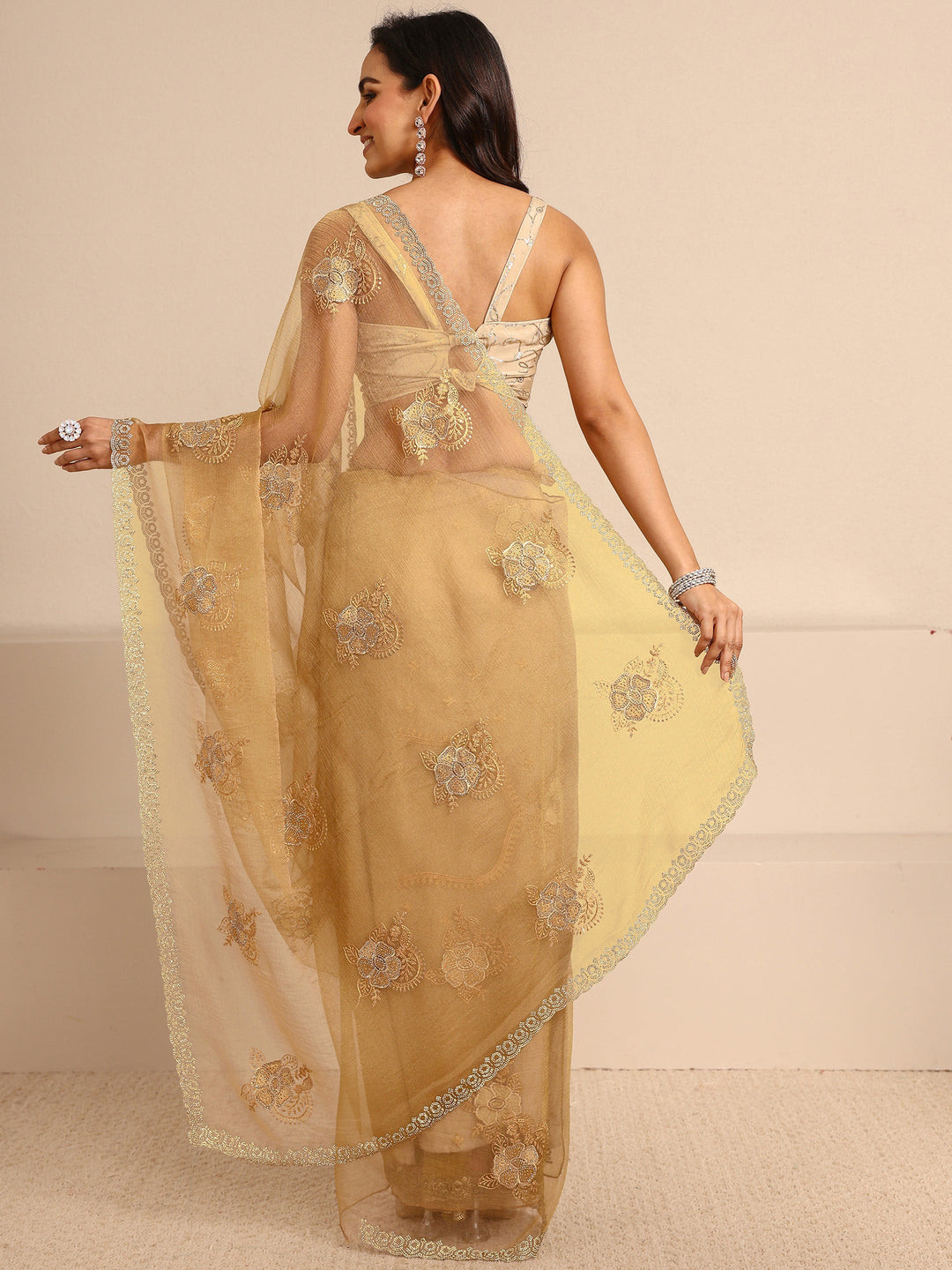  Yellow Embellished Tissue Saree With Unstitched Blouse Piece 