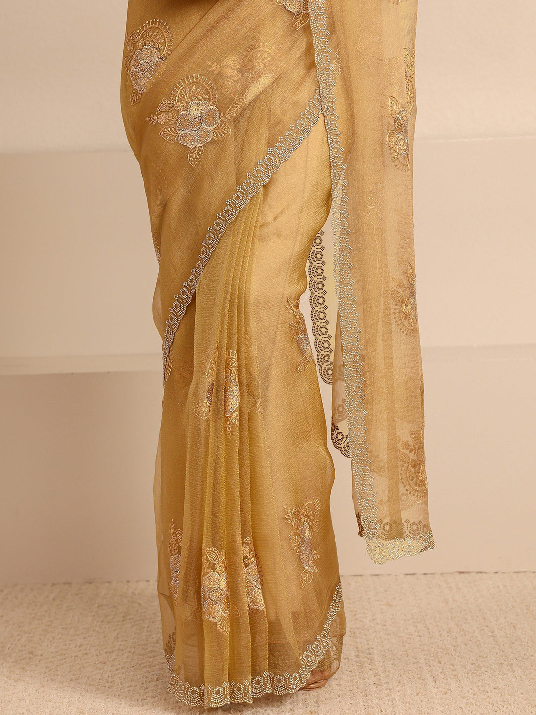  Yellow Embellished Tissue Saree With Unstitched Blouse Piece 