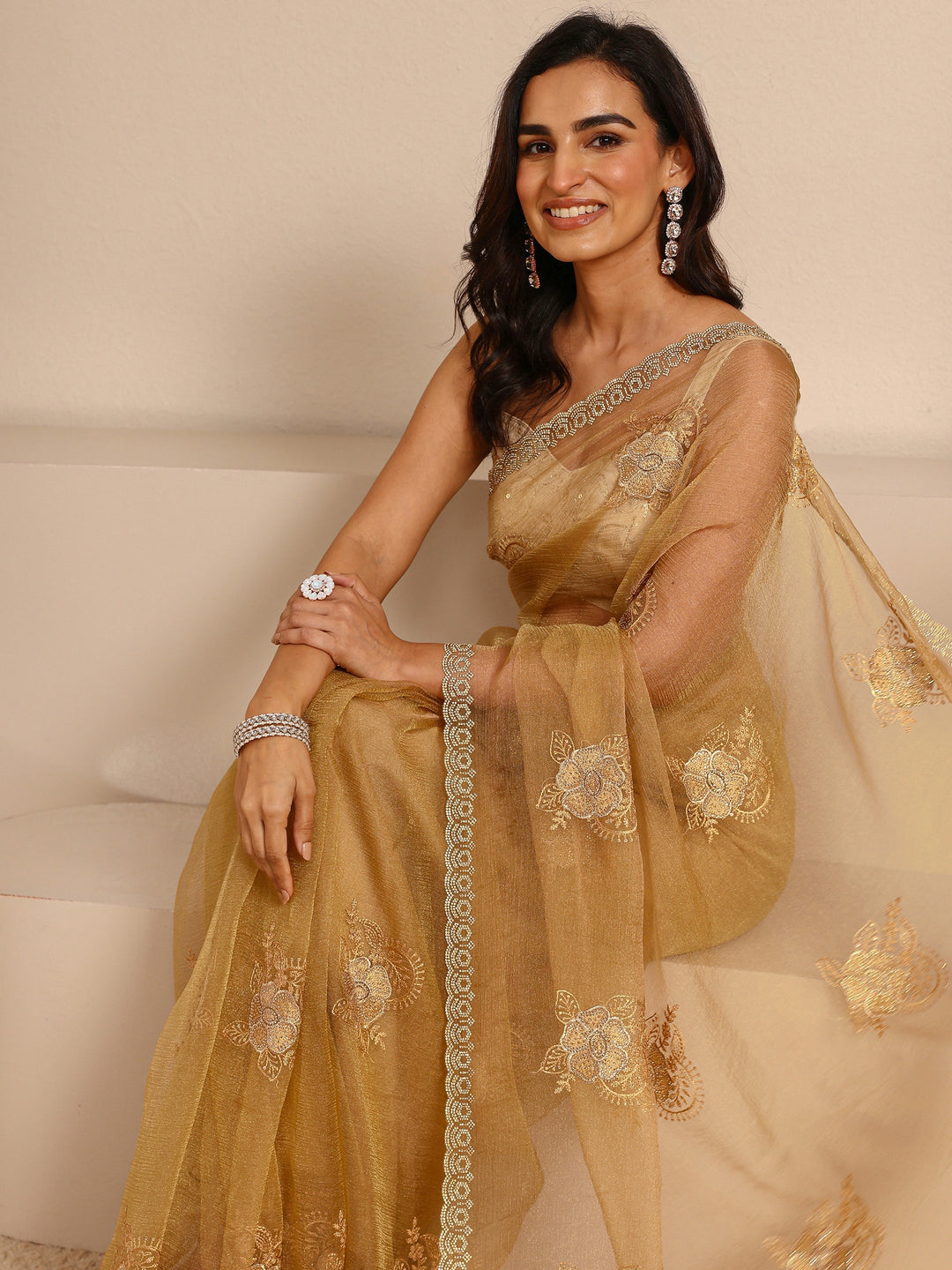  Yellow Embellished Tissue Saree With Unstitched Blouse Piece 