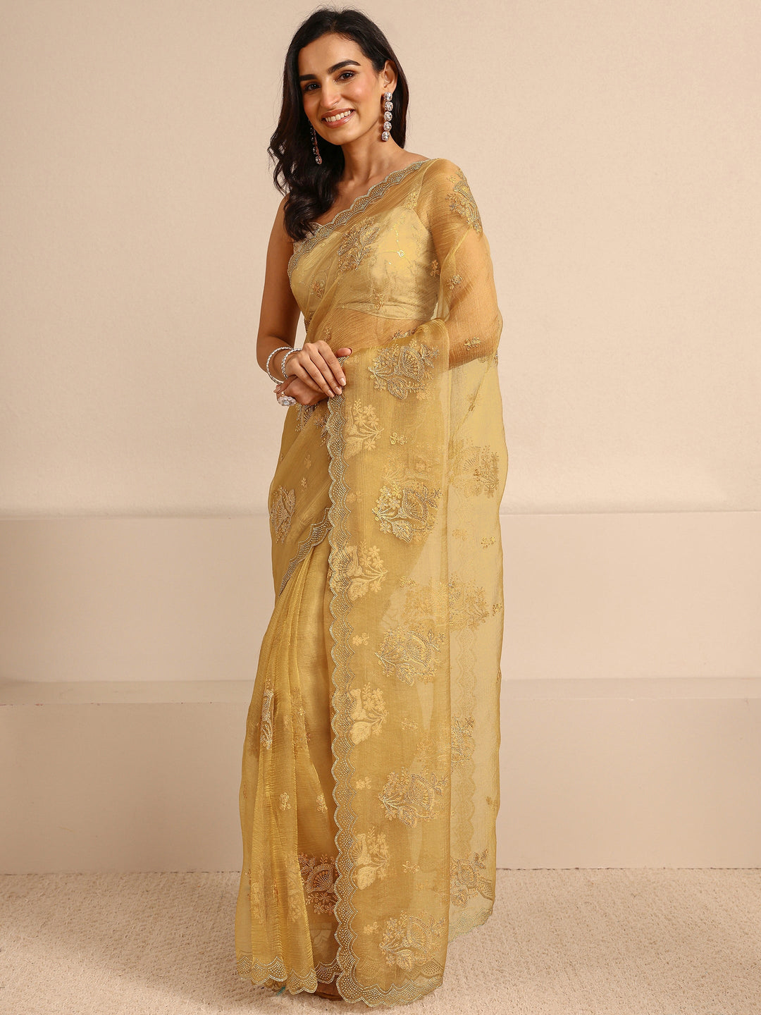  Yellow Embellished Tissue Saree With Unstitched Blouse Piece 