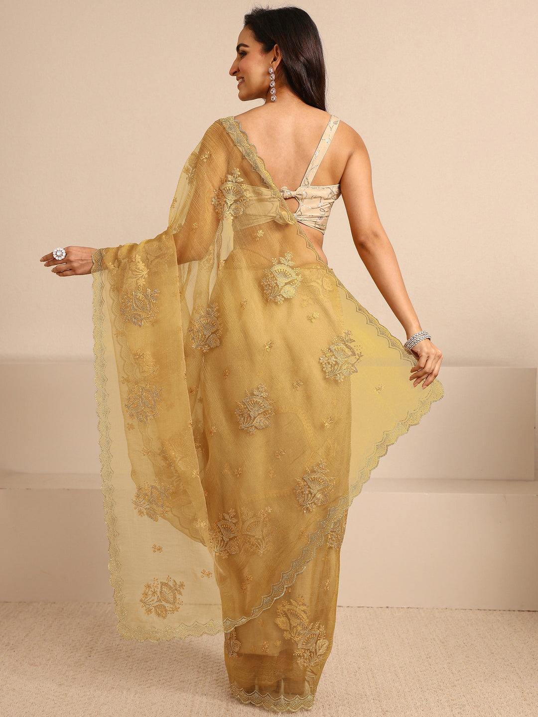  Yellow Embellished Tissue Saree With Unstitched Blouse Piece 