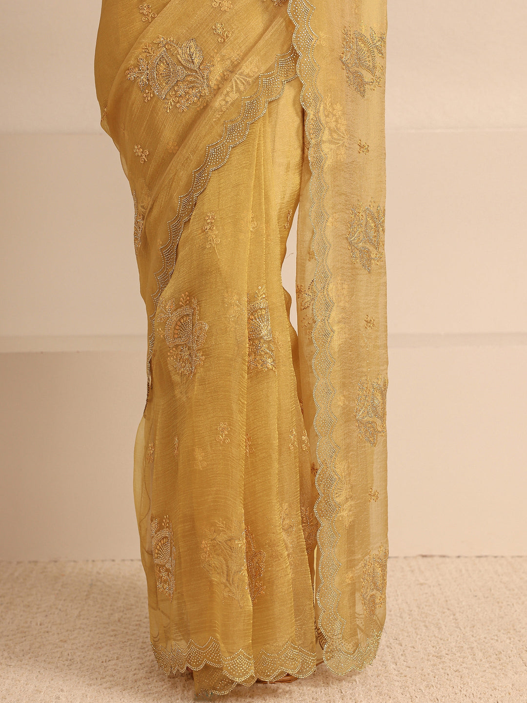  Yellow Embellished Tissue Saree With Unstitched Blouse Piece 