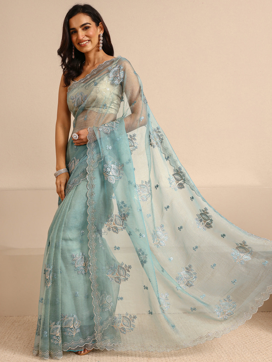  Blue Embellished Tissue Saree With Unstitched Blouse Piece 