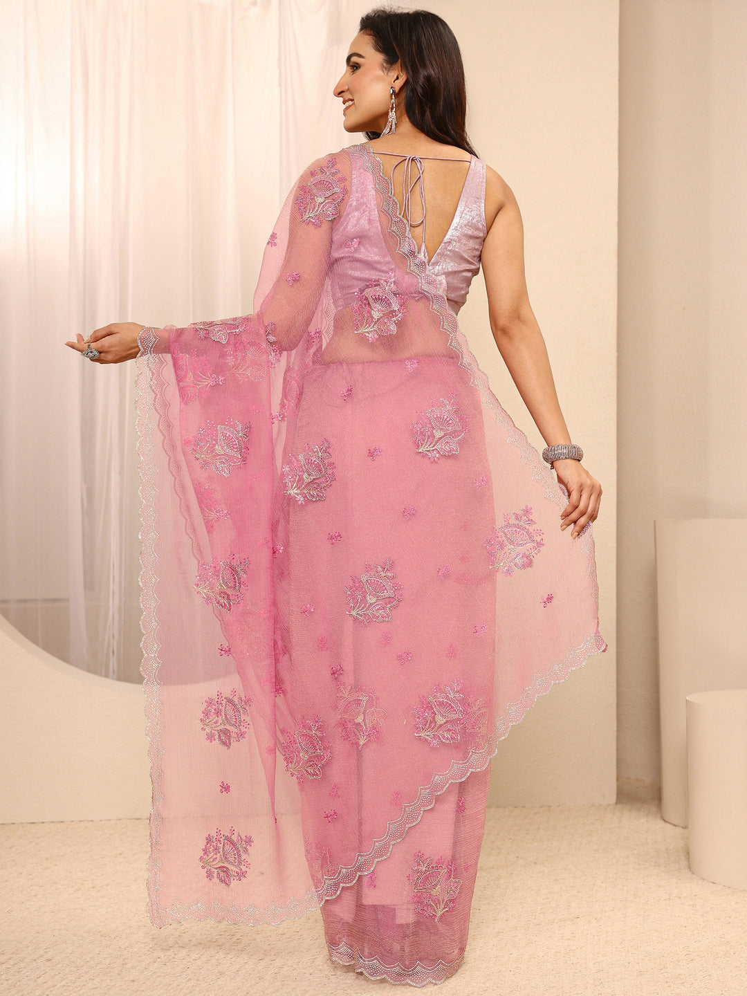  Pink Embellished Tissue Saree With Unstitched Blouse Piece 