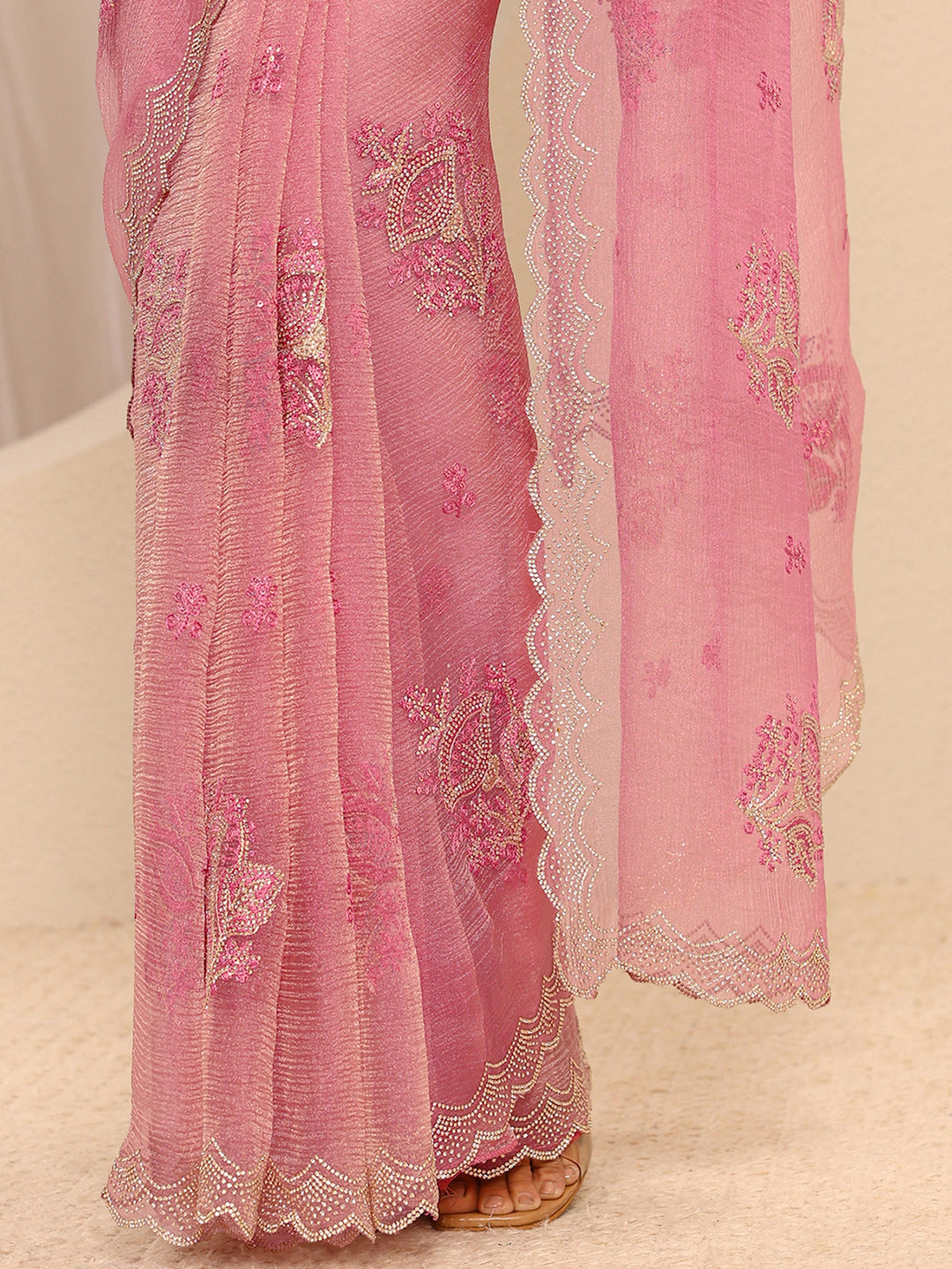  Pink Embellished Tissue Saree With Unstitched Blouse Piece 