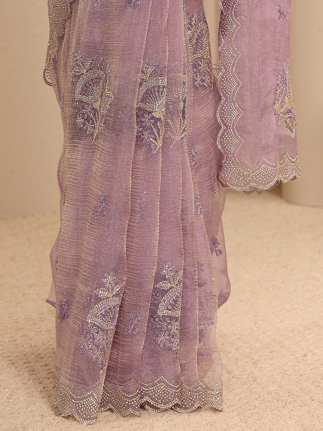  Lavender Embellished Tissue Saree With Unstitched Blouse Piece 
