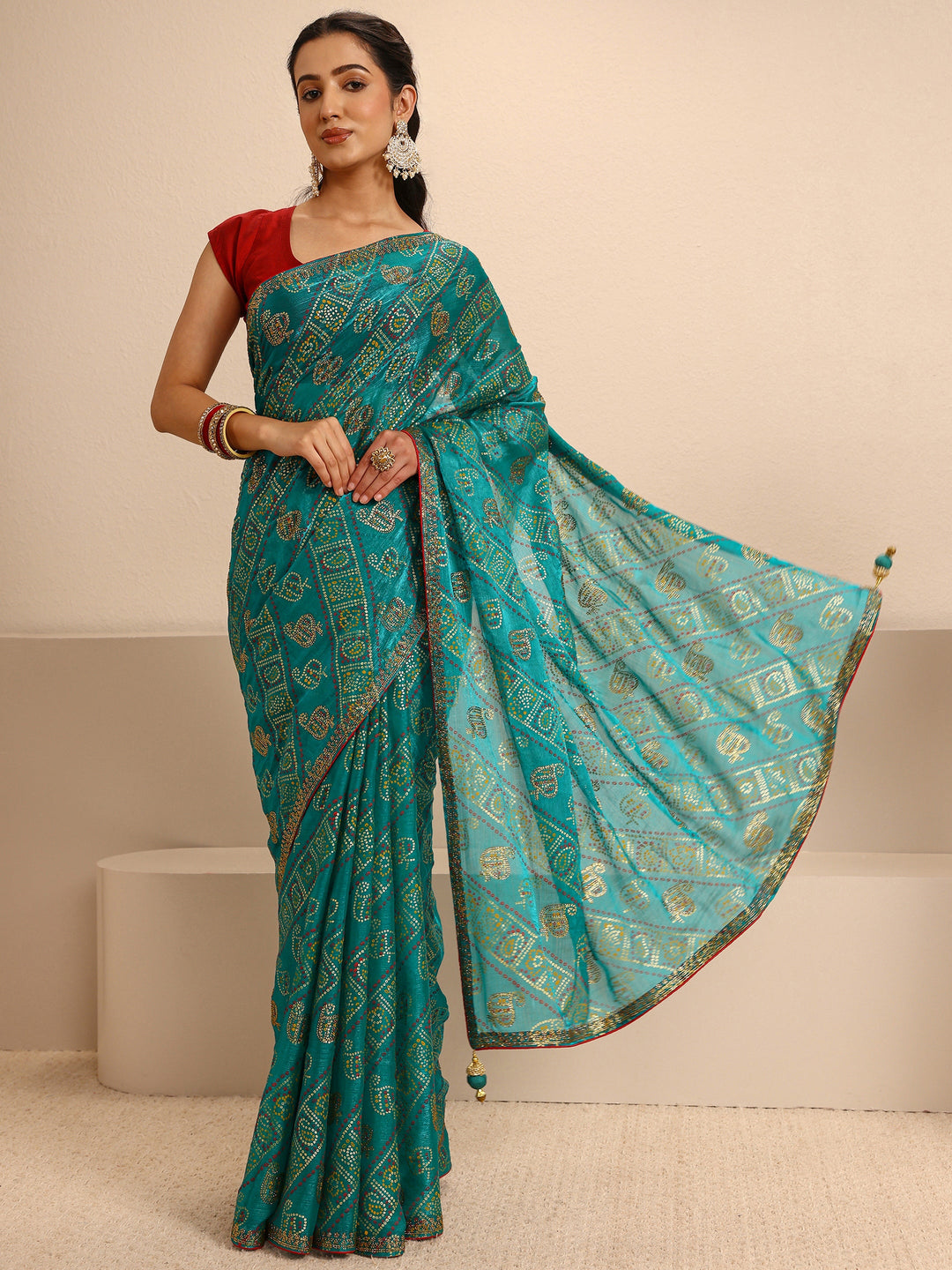  Green Bandhani Printed Silk Blend Saree With Unstitched Blouse Piece 