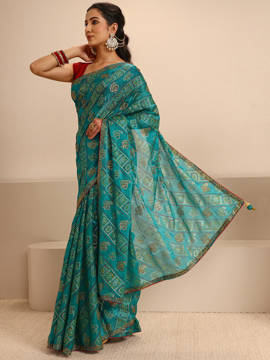  Green Bandhani Printed Silk Blend Saree With Unstitched Blouse Piece 