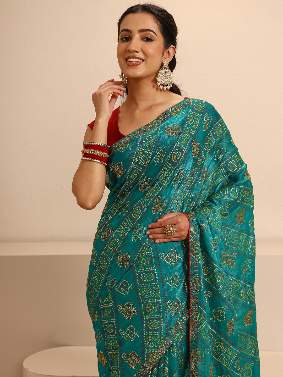  Green Bandhani Printed Silk Blend Saree With Unstitched Blouse Piece 