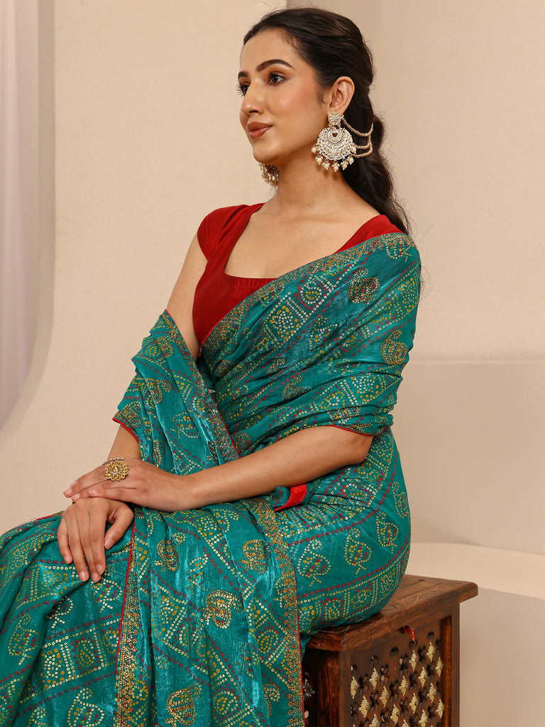 Libas Green Bandhani Printed Silk Blend Saree With Unstitched Blouse Piece