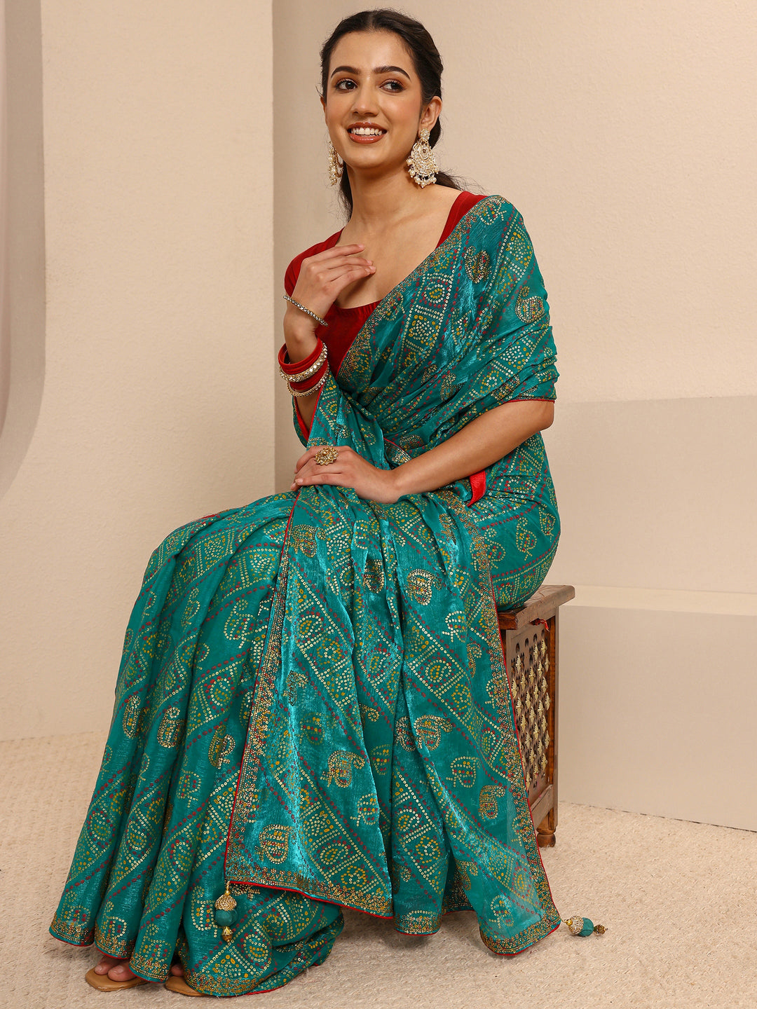  Green Bandhani Printed Silk Blend Saree With Unstitched Blouse Piece 
