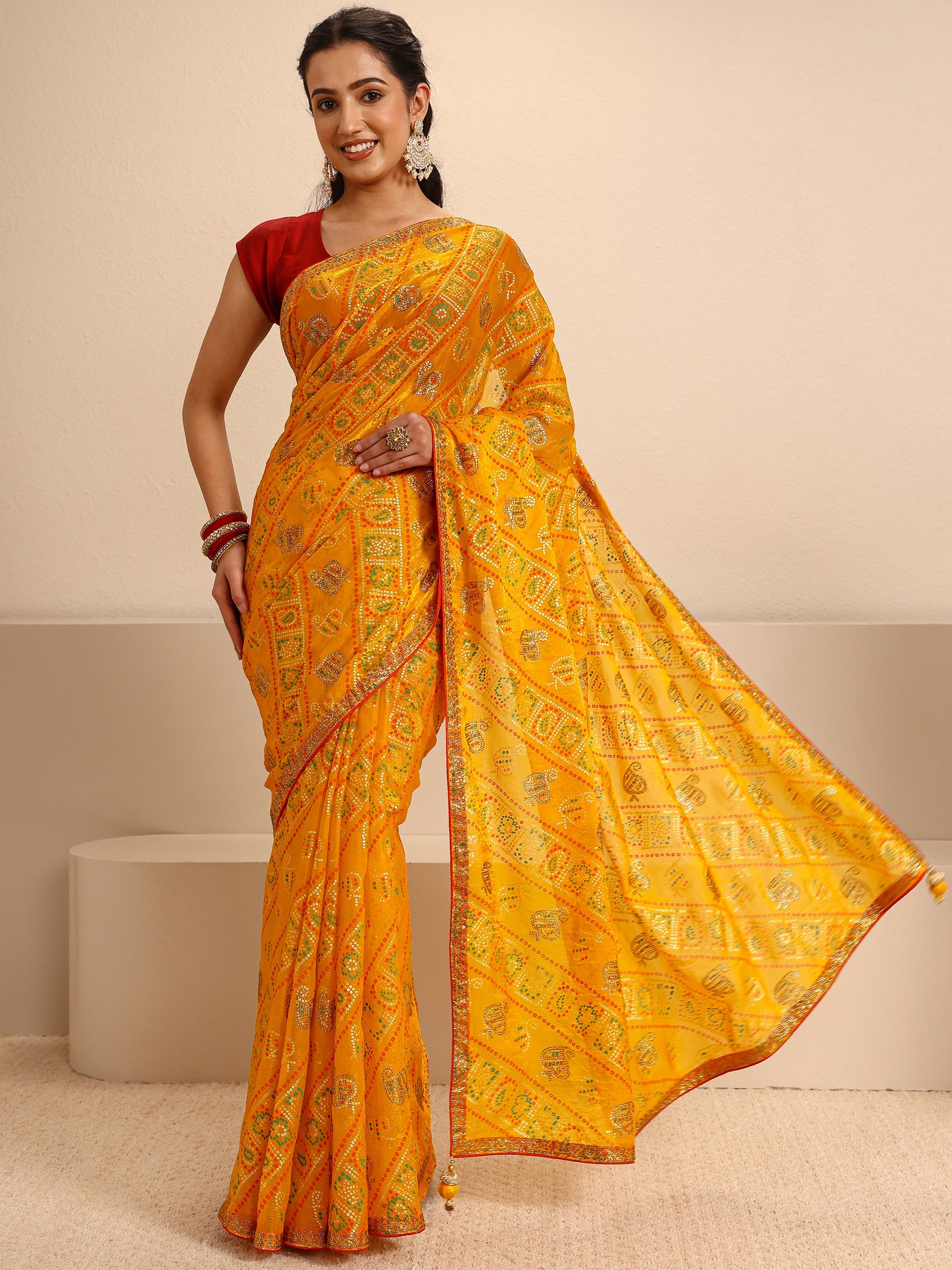 libas Mustard Bandhani Printed Silk Blend Saree With Unstitched Blouse Piece-picture-26