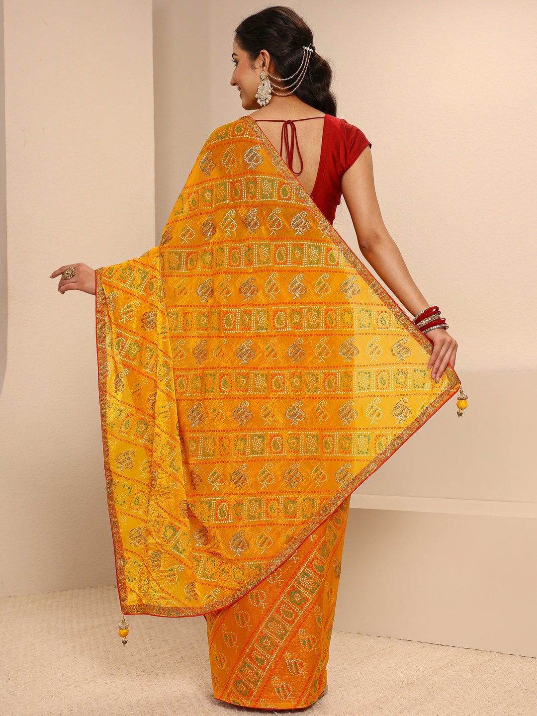  Mustard Bandhani Printed Silk Blend Saree With Unstitched Blouse Piece 
