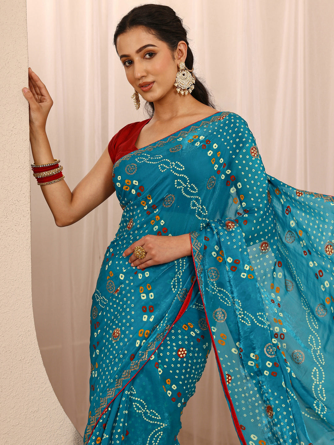 Blue Bandhani Printed Silk Blend Saree With Unstitched Blouse Piece