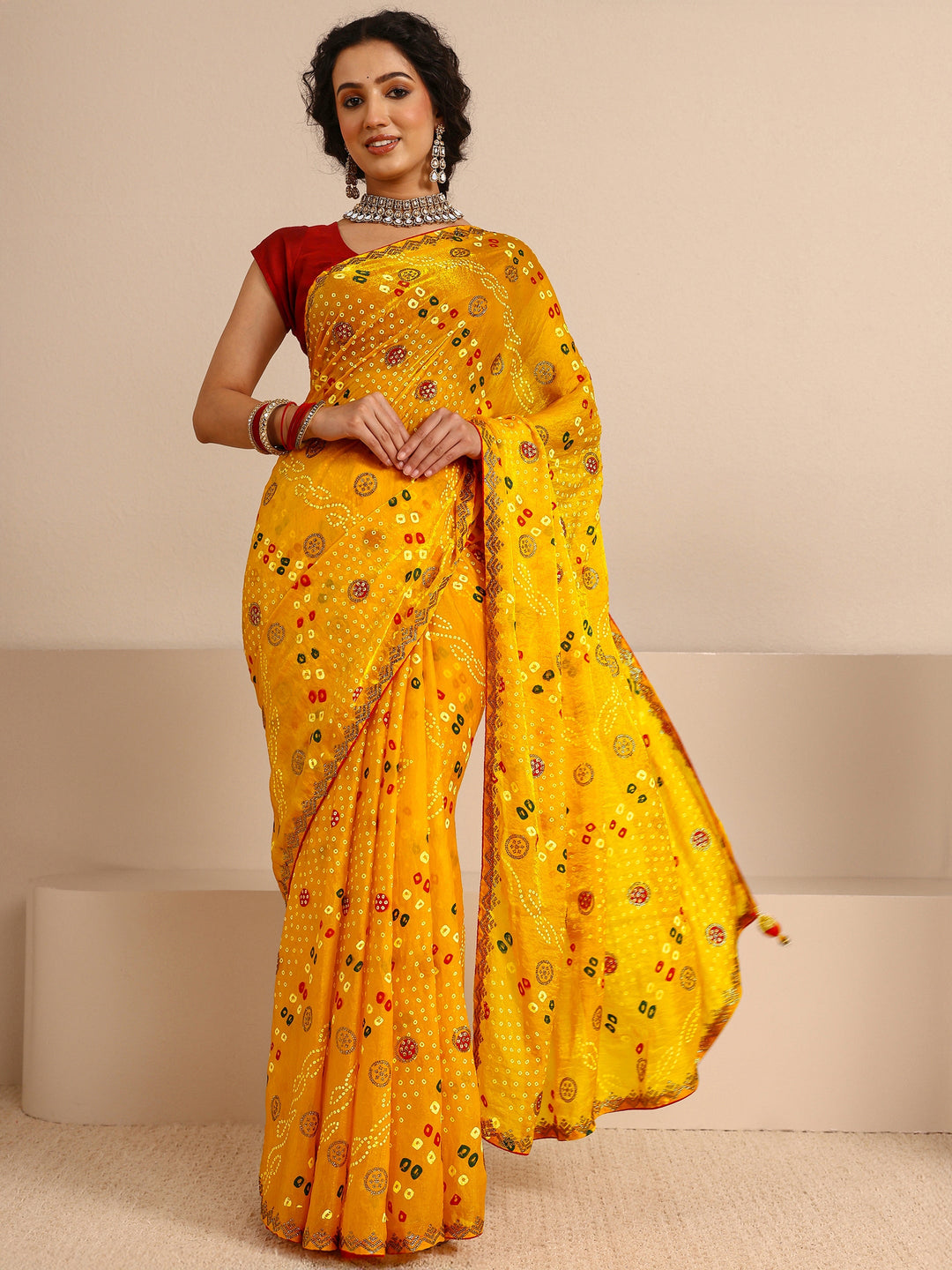  Mustard Bandhani Printed Silk Blend Saree With Unstitched Blouse Piece 