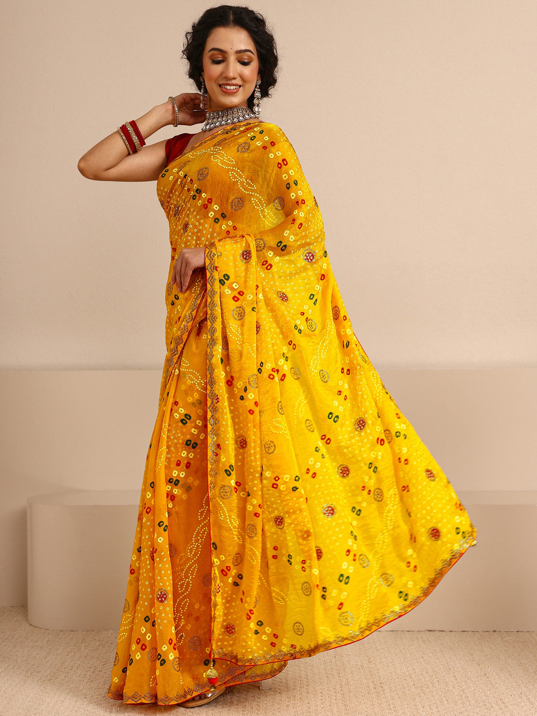  Mustard Bandhani Printed Silk Blend Saree With Unstitched Blouse Piece 