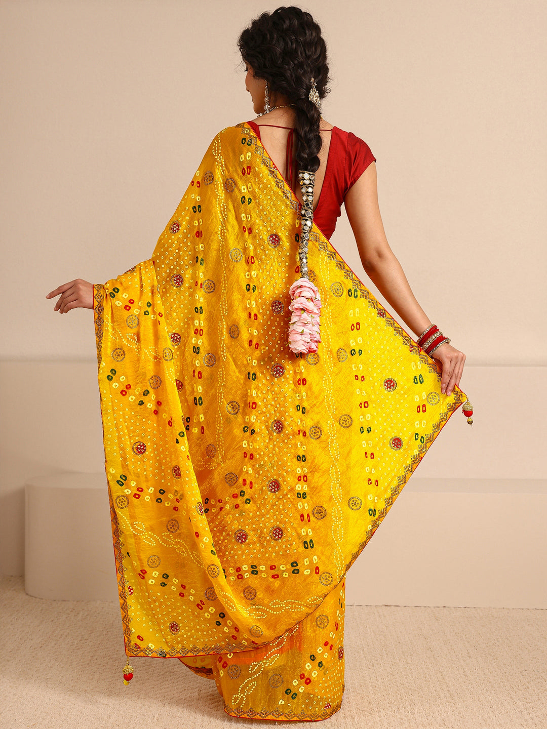  Mustard Bandhani Printed Silk Blend Saree With Unstitched Blouse Piece 