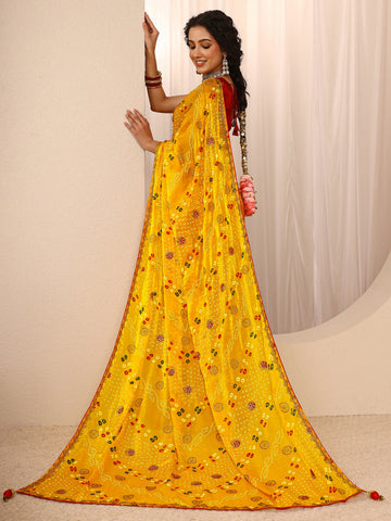 Mustard Bandhani Printed Silk Blend Saree With Unstitched Blouse Piece
